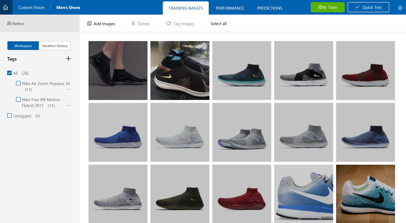 Custom Vision Service website - viewing Men's Shoes project
